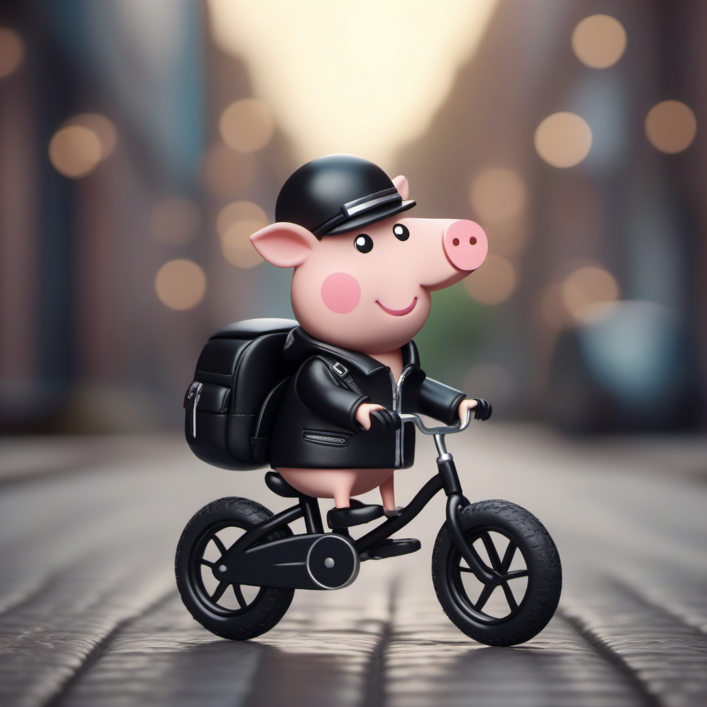 cinematic photo a cartoon pig riding a bicycle, black leather jacket, boots <lora:Peppa1024:0.8> . 35mm photograph, film, bokeh, professional, 4k, highly detailed