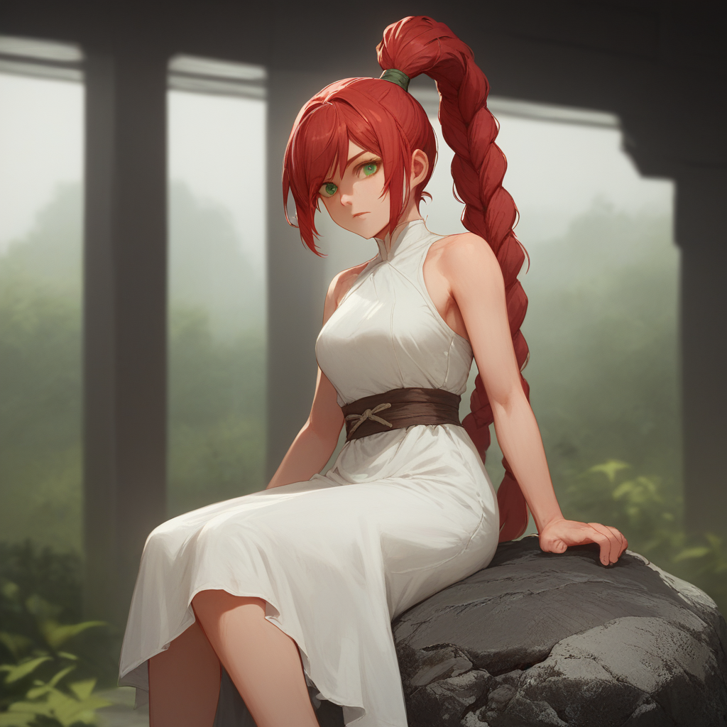 score_9_up, score_8_up, BREAK, high ponytail, solo, 1girl, red hair, green eyes, braid, white dress, <lora:HighPonytail_PXL_Leaf1:1>, depth of field, indoors, sitting on rock,
