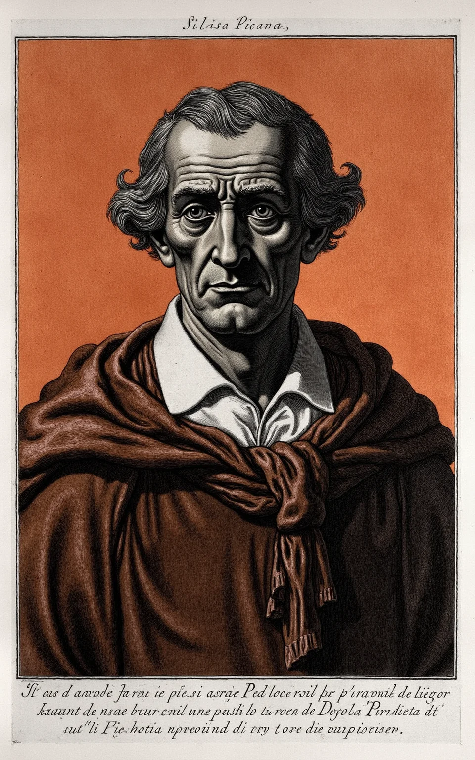 YFG-Pira, A detailed close-up of a weary middle-aged man with deep-set eyes and weathered skin, wearing a worn velvet cloak over a simple white shirt, set against a warm orange-brown background reminiscent of 18th-century Italian plasterwork, created using the fine lines and textures characteristic of an etching by Giovanni Battista Piranesi.