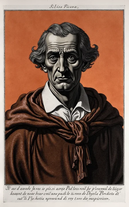 YFG-Pira, A detailed close-up of a weary middle-aged man with deep-set eyes and weathered skin, wearing a worn velvet cloak over a simple white shirt, set against a warm orange-brown background reminiscent of 18th-century Italian plasterwork, created using the fine lines and textures characteristic of an etching by Giovanni Battista Piranesi.