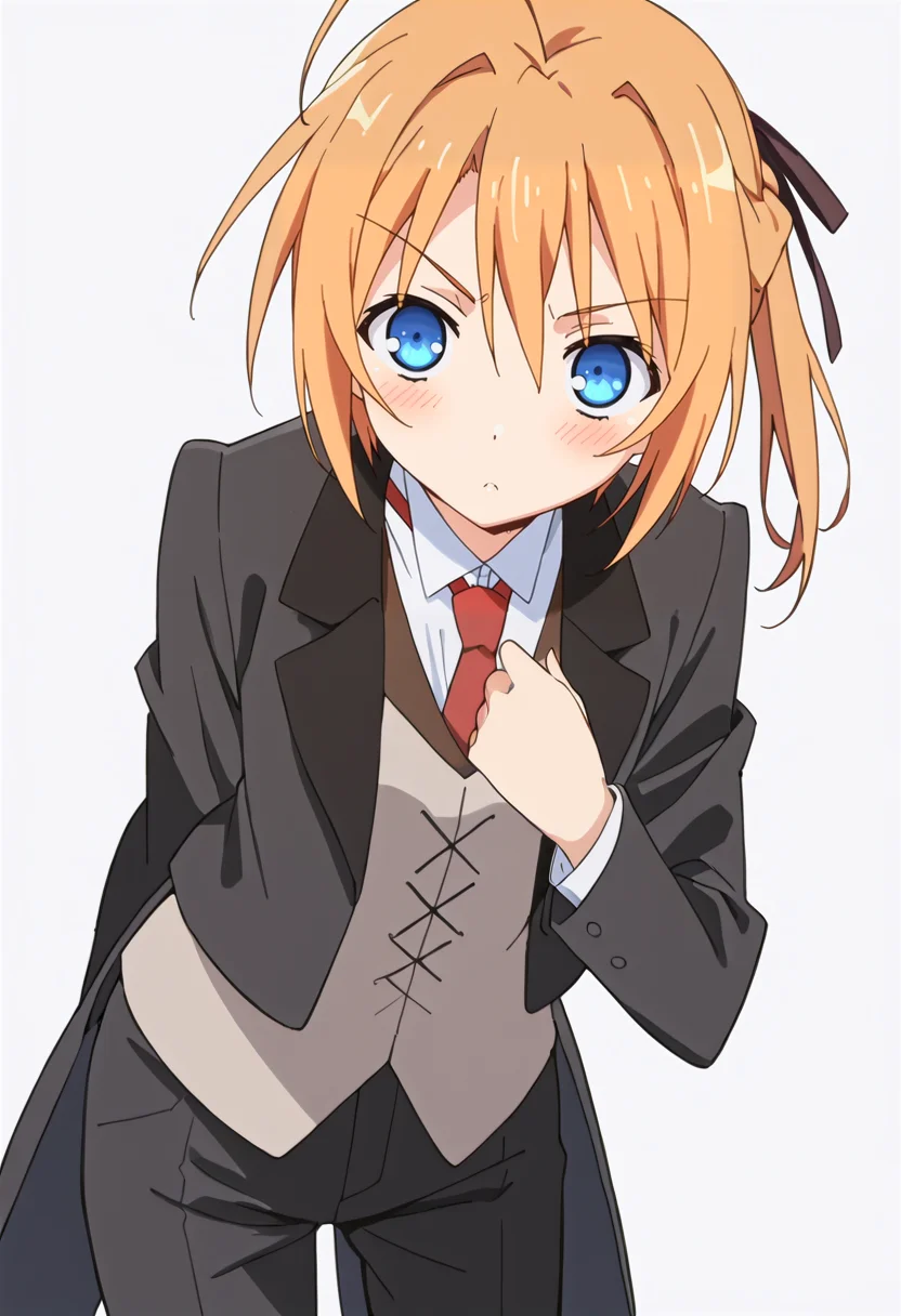 score_9, score_8_up, score_7_up, source_anime, rating_safe <lora:ksubaru_PONY-300007:0.95> ksubaru, 1girl, anime coloring, solo, short hair, short ponytail, hair ribbon,orange hair, blonde hair, ahoge,blue eyes, blazer, dress shirt,red necktie, vest, pants, formal, suit, belt, blush, looking at viewer, leaning forward, hand on own chest, standing, cowboy shot,white background,