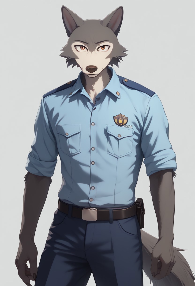 anthro furry male wolf Legoshi,slim body,boy,men, solo, portrait,((male Japanese Summer Police Uniform,light-blue collared shirt, rank slides,short sleeves,sleeves rolled up,dark blue pants,Walkie-Talkie)),((gray fur)),standing,skinny, looking at viewer, fur body,realistic style, (simple background,complex background,sexy pose,wolf tail,cartoon eyes,score_9,score_8,score_7,score_8_up,score_7_up,score_6_up,