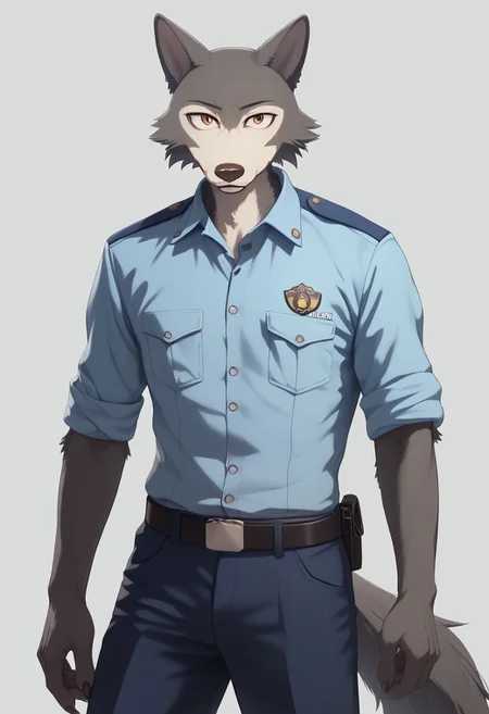anthro furry male wolf Legoshi,slim body,boy,men, solo, portrait,((male Japanese Summer Police Uniform,light-blue collared shirt, rank slides,short sleeves,sleeves rolled up,dark blue pants,Walkie-Talkie)),((gray fur)),standing,skinny, looking at viewer, fur body,realistic style, (simple background,complex background,sexy pose,wolf tail,cartoon eyes,score_9,score_8,score_7,score_8_up,score_7_up,score_6_up,