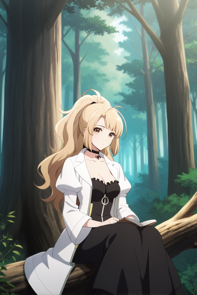 <lora:lorraine_vivie_NFB_illus:1>Japanese girl, lorraine vivie, before story, 1girl, solo, long hair, blonde hair, holding, brown eyes, sitting, ponytail, ahoge, outdoors, choker, tree, nature, forest, black frill dress, white jacket, looking at viewer, sitting on the dead tree, <lora:Add_more_details_pony:0.8>