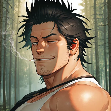 masterpiece, best quality, absurdres, newest, perfect quality, best quality, absolutely eye-catching, detailed background, intricate details, bara, 1boy, male, male focus, solo, mature, black hair, short hair, spiky hair, forehead, stubble, facial hair, white tank top, belts, cape over shoulder, bara, muscular, large pectorals, large biceps, smoking, looking at viewer, face close-up, portrait, looking at viewer, side view, smirk, forest scenery, sunlight, very awa, best quality, absurdres, newest, perfect quality, detailed background, intricate details, (artist:rokudenashi:0.8), (artist:dizdoodz:0.7), (artist:gomtang:0.6)