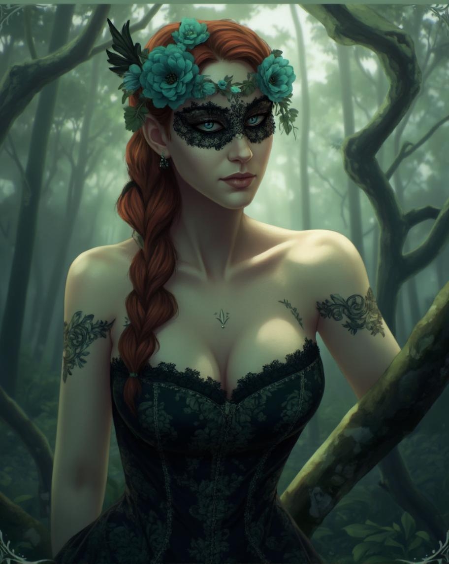 <lora:ck-LttleGhost-000011.safetensors:1> in the style of ck-lttlegh0stA woman with fair skin and red hair stands in a misty forest, wearing a Victorian-style black lace bodice adorned with floral patterns, along with a teal-colored flower crown and dark lace mask. Soft light casts a serene glow on her face, creating an enchanting atmosphere that blends gothic and fantasy elements.