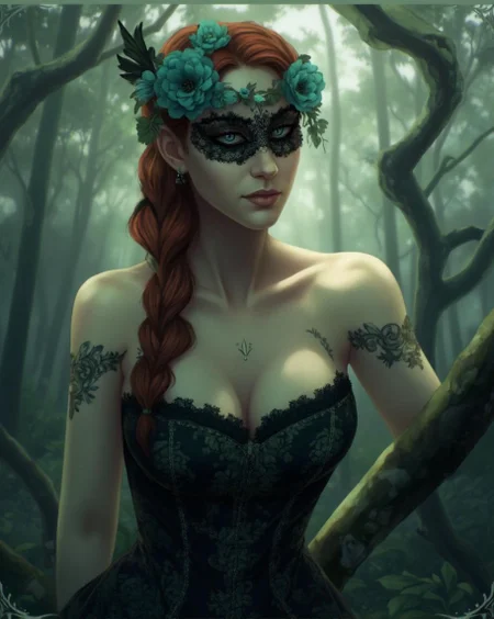 <lora:ck-LttleGhost-000011.safetensors:1> in the style of ck-lttlegh0stA woman with fair skin and red hair stands in a misty forest, wearing a Victorian-style black lace bodice adorned with floral patterns, along with a teal-colored flower crown and dark lace mask. Soft light casts a serene glow on her face, creating an enchanting atmosphere that blends gothic and fantasy elements.
