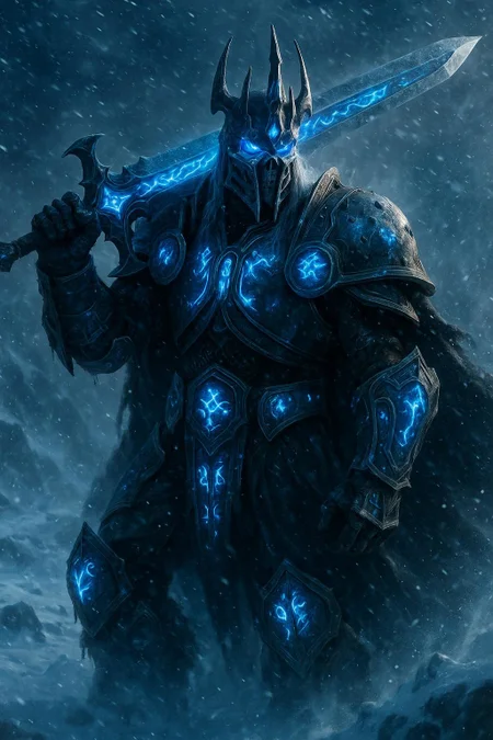A hyper-realistic 8K photograph of the Lich King from World of Warcraft, standing in the midst of a fierce ice storm within a frozen landscape. He is clad in intricate, dark armor adorned with glowing blue runes that shine brilliantly, illuminating the swirling snow and ice shards around him. His menacing horned helmet is accentuated by the radiant blue light. The Lich King wields a massive, rune-etched sword, resting it on his shoulder—the sword’s runes and edges emit an intense, vivid blue glow, casting reflections on his armor and the snow. Dramatic, cinematic lighting highlights the gleaming blue elements and enhances the textures of his armor. The raging ice storm engulfs the scene, with windblown snow and ice crystals swirling violently in the air. The image is captured in sharp focus with vibrant, contrasting colors, emphasizing the epic, otherworldly atmosphere.
