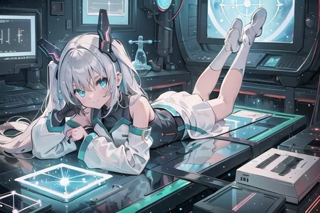 (masterpiece), (science fiction:1.4), 1girl, lying on the back on a mirror, lying on the back on a mirror, lying on the back on a mirror, smile, silver hair, aqua eyes, headgear, long sleeves, detached sleeves, glowing energy clothing, light particles, energy particles, perfect hands, perfect legs