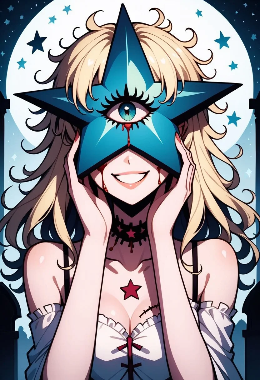 score_9, score_8_up, score_7_up, masterpiece, best quality, medium shot, beautiful mostrochan, blonde, long hair, messy hair, blood-injected eye, medium shot, sexy smile, sexy lips, body stitches, touching face, star-shaped face, cemetery, spooky night background