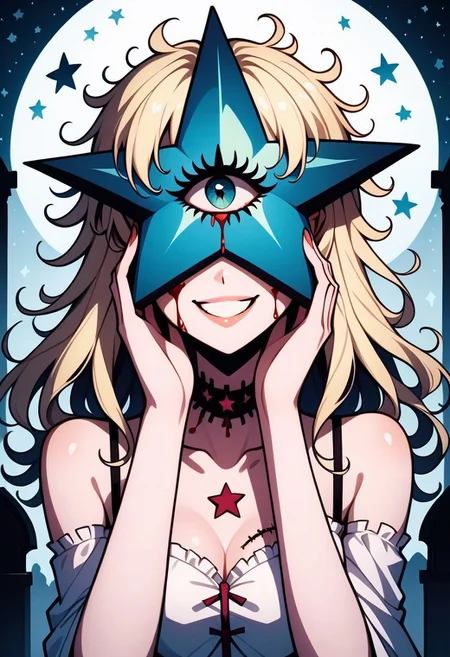 score_9, score_8_up, score_7_up, masterpiece, best quality, medium shot, beautiful mostrochan, blonde, long hair, messy hair, blood-injected eye, medium shot, sexy smile, sexy lips, body stitches, touching face, star-shaped face, cemetery, spooky night background