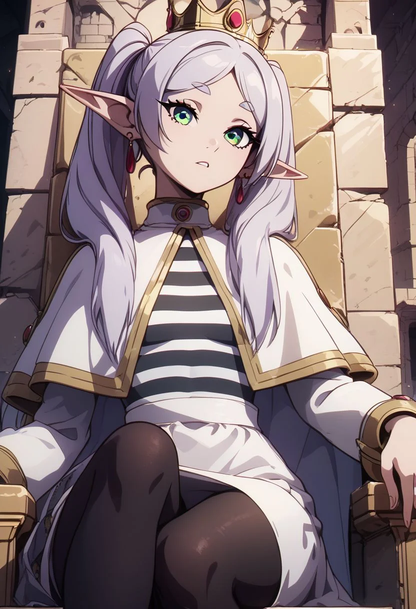 score_9, score_8_up, score_8, medium breasts, (curvy), cute, eyelashes, rating_safe,
BREAK,
zzFrieren, long hair, twintails, green eyes, grey hair, pointy ears, elf, shirt, long sleeves, jewelry, earrings, striped, capelet, striped shirt, white skirt, black pantyhose,
BREAK,
head tilt, sitting on throne, huge throne, oversized throne, ruins,
abandoned castle, crown, pearl necklace,
zPDXL,