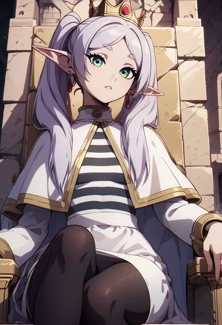 score_9, score_8_up, score_8, medium breasts, (curvy), cute, eyelashes, rating_safe,
BREAK,
zzFrieren, long hair, twintails, green eyes, grey hair, pointy ears, elf, shirt, long sleeves, jewelry, earrings, striped, capelet, striped shirt, white skirt, black pantyhose,
BREAK,
head tilt, sitting on throne, huge throne, oversized throne, ruins,
abandoned castle, crown, pearl necklace,
zPDXL,