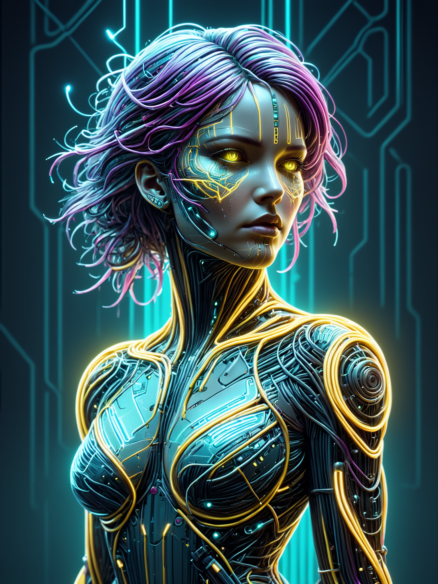female cyborg made of mad-cable,  in the style of alphonse mucha, geometric pattern in the background, neon yellow lightning, neon teal lightning, neon magenta lightning, cables, wires, synthwave, vaporwave, retro futurism, circuitboard, dark futuristic <lora:Dark_Futuristic_Circuit_Boards:0.6>    <lora:Cables_SDXL:0.8>  <lora:Neon_Cyberpunk_SDXL_Cyberspace:0.5> mad-cyberspace, cyberpunk, scifi, 1980s, retro <lora:aesthetic:1> aesthetic <lora:sd_xl_dpo_lora_v1:1>, (masterpiece:1.2), best quality, (hyperdetailed, highest detailed:1.2), high resolution textures