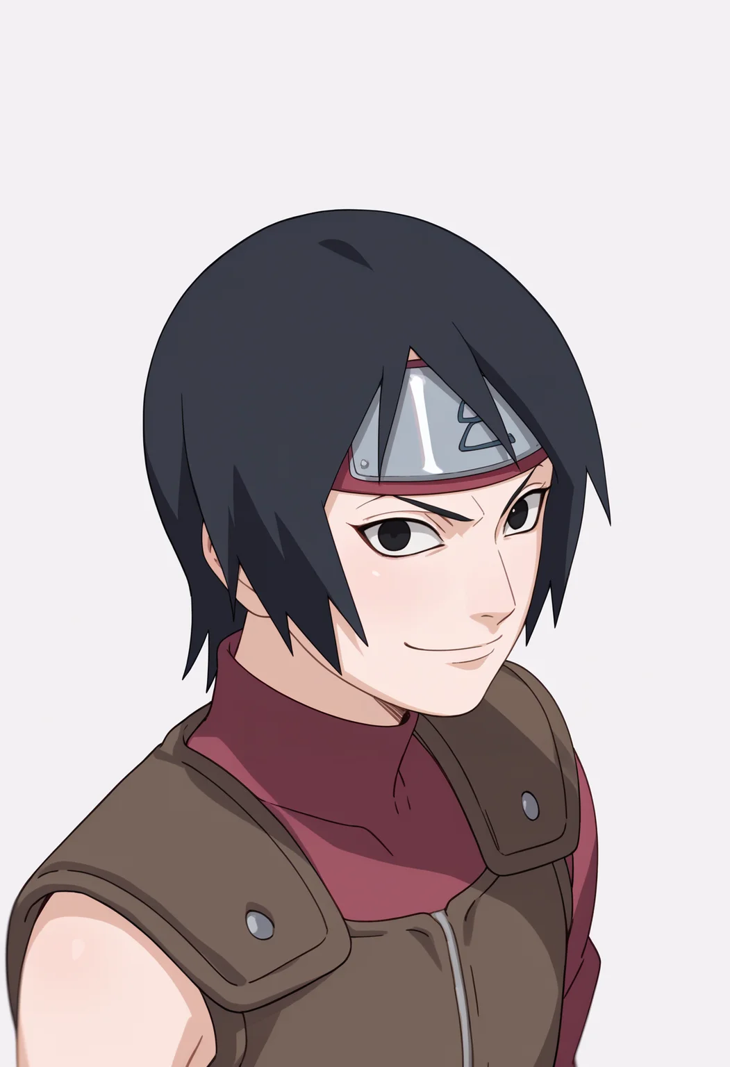 score_9, score_8_up, score_7_up, BREAK,
1girl, kurotsuchi, black eyes, black hair, headband, short hair,
forehead protector, flak jacket, vest,
upper body, smile, looking at viewer, solo, simple background, white background <lora:KurostuchiXL_byKonan:1>