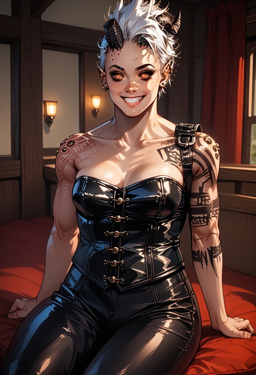 explicit muscular female, wears corset, [(noi:1.2)::(karlach:0.7)] OR [(karlach:0.7)::(noi:1.2)], sitting crosslegged, dummy smile, cheerful silly tomboy, white hair, [engine overheat::tiefling], heavy piercings on 2shoulder, (wears leather attire:1.2)