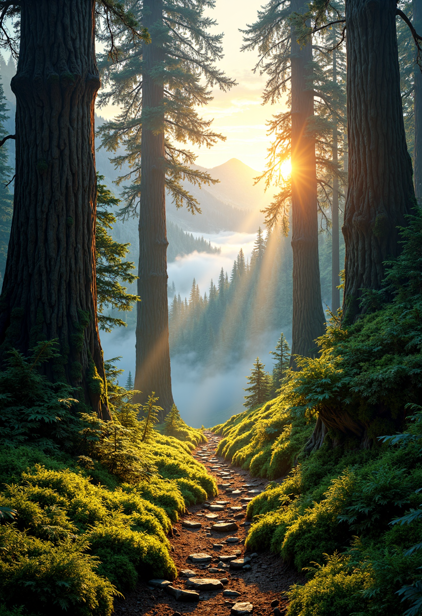 Generate a highly detailed high-resolution photo of an ethereal scene in which majestic oregon pine trees tower above, their gnarled branches stretching towards the sky like nature's own cathedral. The camera gaze falls upon a secluded forest, shrouded in misty silence, where dappled sunlight peeks through the canopy above to cast surreal patterns on the moss-covered earth below. In the distance, a winding path stretches upwards along the side of a majestic mountain, its rugged terrain covered in an emerald cloak of ancient pine and ferns. As our eyes follow this serpentine route, we find ourselves drawn into an atmosphere that is both mystical and awe-inspiring - as if the very fabric of reality has been woven from threads of wonder.
As the sun's rays pierce through the treetops above, its warm glow casts a mesmerizing golden light upon every detail: the intricate textures on ancient tree bark, the dew-kissed leaves that quiver in an otherworldly breeze, and even the subtle vibrations emanating from within each petal of blooming wildflowers. This enchanted realm is alive with magic - yet it remains tantalizingly out of reach, leaving us suspended between worlds as we marvel at its sheer beauty.
In this breathtaking vista, let every element be imbued with an uncanny realism that transcends the boundaries of mere fantasy: capture the intricate patterns on tree trunks and leaves; render the softest whispers of mist into swirling tendrils; and infuse each blade of grass with a sense of quiet reverie. Let the entire scene shimmer in such vivid detail that it seems to pulse with an energy both ancient and eternal, waiting for us to step across the threshold into its mystical realm. <lora:FluxMythP0rtr4itStyle:0.8> mythp0rt