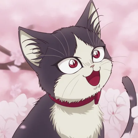red eyes, animal, cat, black cat, Haru(My Roommate Is a Cat), no humans, animal focus, cherry blossoms, looking up, flower, open mouth, :3, red collar, collar, solo, whiskers, smile, animalization, upper body
