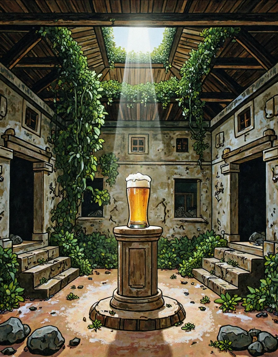 (painting in style of Josef Lada.)
Abandoned ancient Mayan temple with pedestal in the center of the temple. There is a small golden status in a shape of beer pint glass placed on the pedestal.The sunshine shining to the pedestal from hole above in roof. The rainforest covers part of the temple.
<lora:joseflada:0.9>