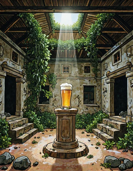 (painting in style of Josef Lada.) 
Abandoned ancient Mayan temple with pedestal in the center of the temple. There is a small golden status in a shape of beer pint glass placed on the pedestal.The sunshine shining to the pedestal from hole above in roof. The rainforest covers part of the temple.
<lora:joseflada:0.9>