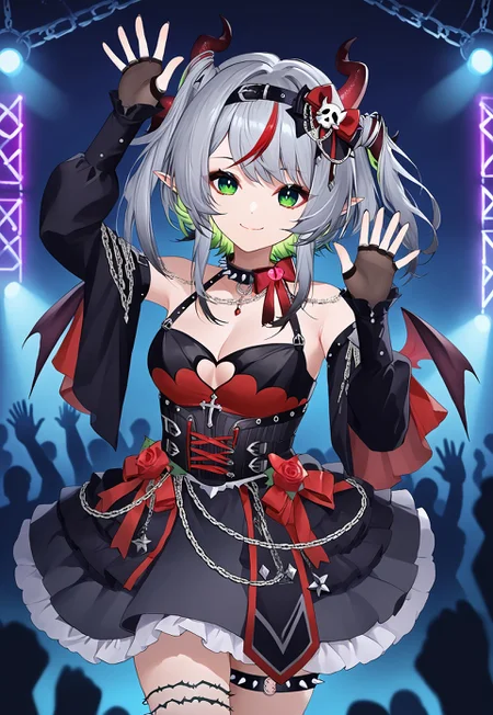 safe_pos, 1girl, solo, solo focus, highres, absurdres, FrootVampIdol, green eyes, multicolored hair, streaked hair, demon horns, bangs, grey hair, red hair, hair ornament, pointy ears, black hairband,
demon wings, cleavage, black dress, bow, clothing cutout, flower, red rose, jewelry, spiked choker, bare shoulders, detached sleeves, fingerless gloves, chain, corset, thigh strap,
looking at viewer, smile, closed mouth, head tilt, hands up, arms up, waving,
concert, neon lights, stagelight, glowstick, night, night sky, dark,