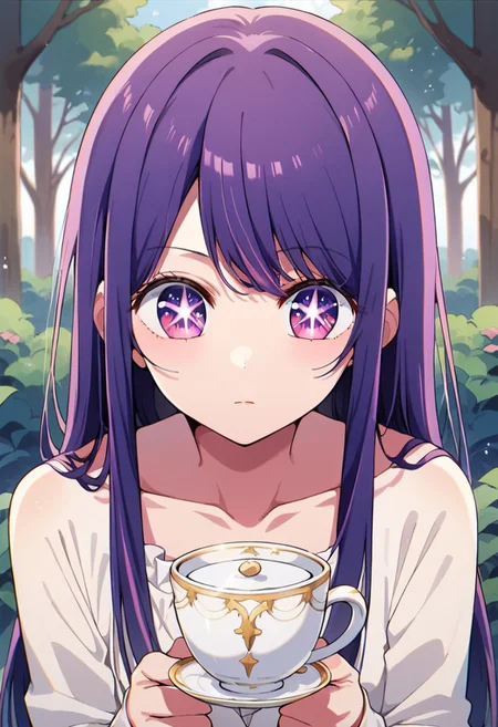 score_9, score_8_up, score_7_up, source_anime,hoshino ai, purple eyes, purple hair, star-shaped pupils, symbol-shaped pupils, long hair,1girl, solo, teacup, collarbone, holding, tree