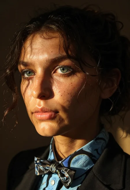 d3m1, front focus,( in the dark :1.6),Super-realistic portraits of women by David Hockney and Alphonse Mucha, fantasy art ,photorealistic, dynamic lighting ,artstation,poster, surround light ,very detailed face,4k,Award,1 girl, in the dark , deep shadow ,Low Profile, Cowboy Shooter,( formal wear:1.4),short hair, dark hair, style Caravaggio
