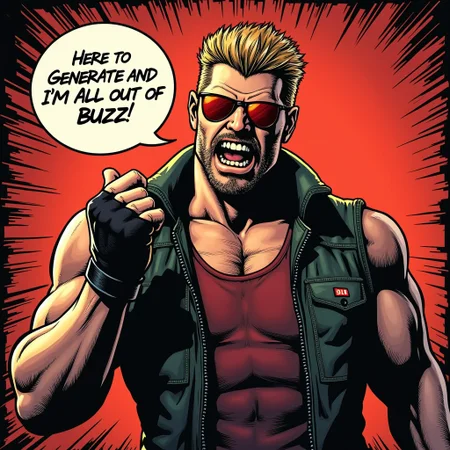 Duke Nukem, speech bubble text here to generate and i'm all out of buzz