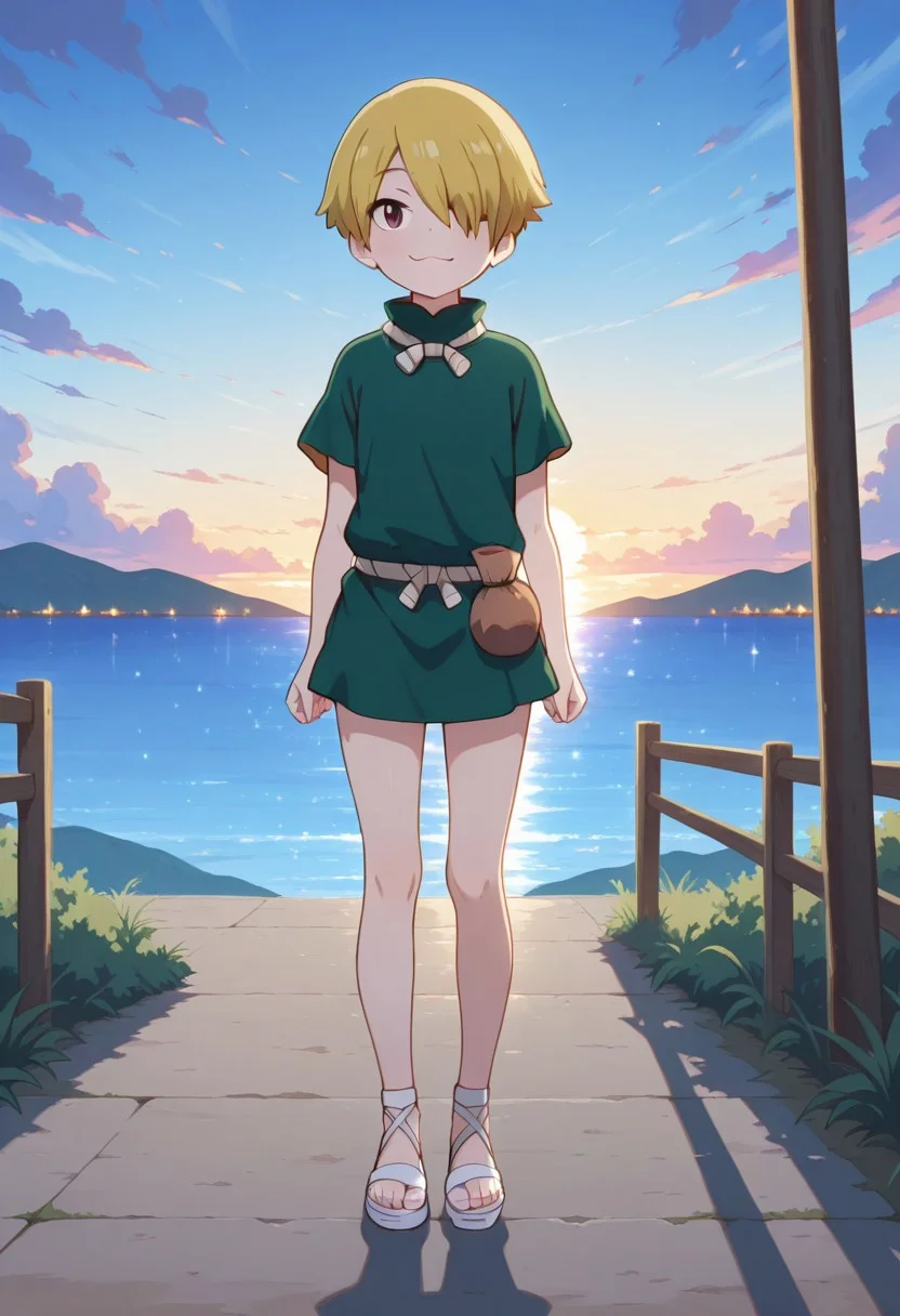(islandset:1.4), blue sky,clouds,outdoors,twilight, blue sky,
masterpiece, best quality, absurdres, perfect anatomy, 1 boy, full body, solo, Namari, blonde hair, short hair, hair over one eye, brown eyes, green clothes, white sandals, :3,