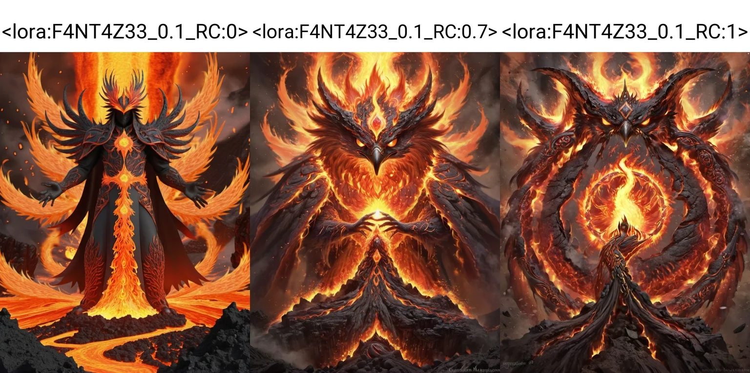 Volcanic Phoenix Sorcerer - Fiery Conjurer Amidst Volcanic Fury, Lava-Infused Robes, Volcanic Phoenix Blooming, Crown of Molten Gems, Erupting Volcano Background, Glowing Magma Gems, Reflective Lava Pools, Flowing Molten Cape, Fiery Phoenix Flight, Enchanted Lava Vines, Sparkling Magma Particles, Lava Rune Mandala, Fractal Patterns in Molten Metal, Covered in Volcanic Ash, Guardian of the Blazing Peaks. <lora:F4NT4Z33_0.1_RC:0>