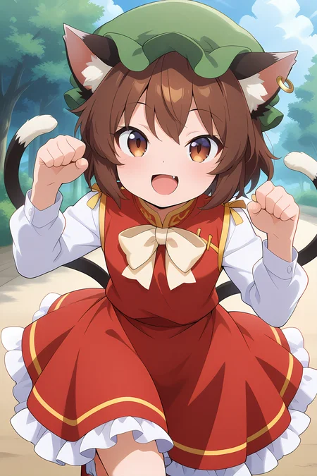 absurdres, highres, masterpiece, best quality, amazing quality, official anime artwork, screencap, anime screencap, outdoors, looking at viewer, open mouth, fang, smile,
<lora:Chen_Illustrious:1> chen, 1girl, solo, brown hair, short hair, brown eyes, cat tail, two tails, cat ears,, mob cap, green hat, single earring, red dress, dynamic pose, cat pose, hands up,