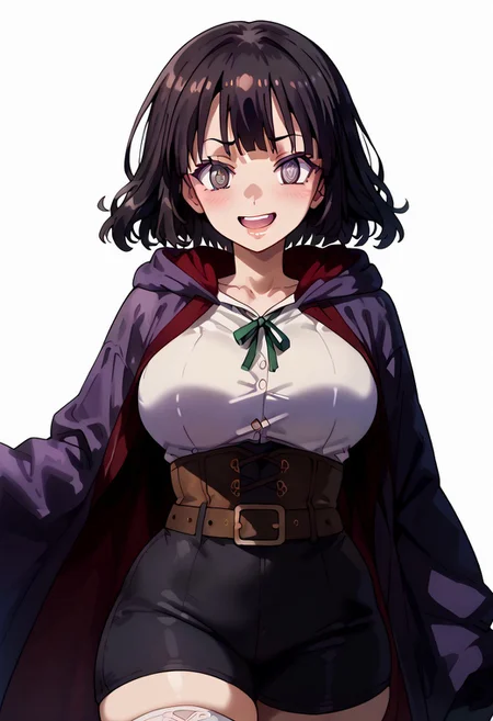 score_9. score_8_up. score_7_up. score_6_up. score_5_up. score_4_up, source_anime, 1girl, solo, calm, smile, smirk, seductive, squinted eyes, blushing, open mouth, 1girl, very_massive breasts, wide hips, thin waist, thick thighs, morgan_(female)_(fire_emblem), black hair, medium hair, bangs, purple eyes, purple robe, black robe, hooded robe, open robe, brown corset, white shirt, black shorts, black gloves, ((brown belt)), white stockings, cowboy shot, white background, <lora:ebora-Style-PonyXL-GLoRA-000049:1>, there is a lack of fire