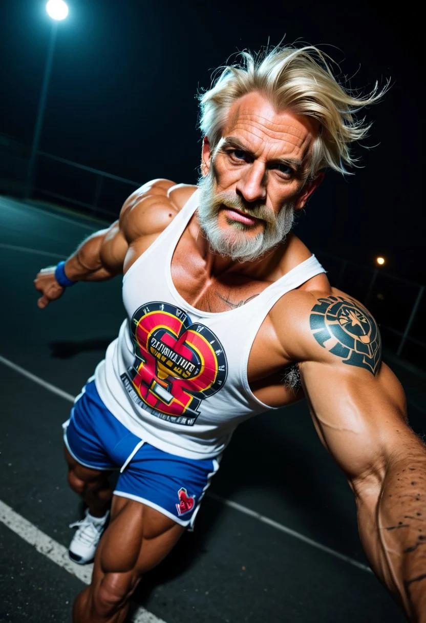 score_9, score_8_up, score_7_up, score_6_up, dark background, nighttime, night, dark lowlight photography, realistic, old male, pov from side, old granddad, thin, tall, tanned skin, colorful tattoos, heavy metal rock tattoos, strong tan, wearing blue long cargoshorts, 3/4 cargoshorts, skater, sweatbands, loose white muscleshirt, v-neck sleeveless tshirt, hairy armpits, old granddad, wrinkles, short blonde hair, blonde beard, german grandpa,
walking towards viewer, slow walk,
closeup seen from above, closeup,
at the beach