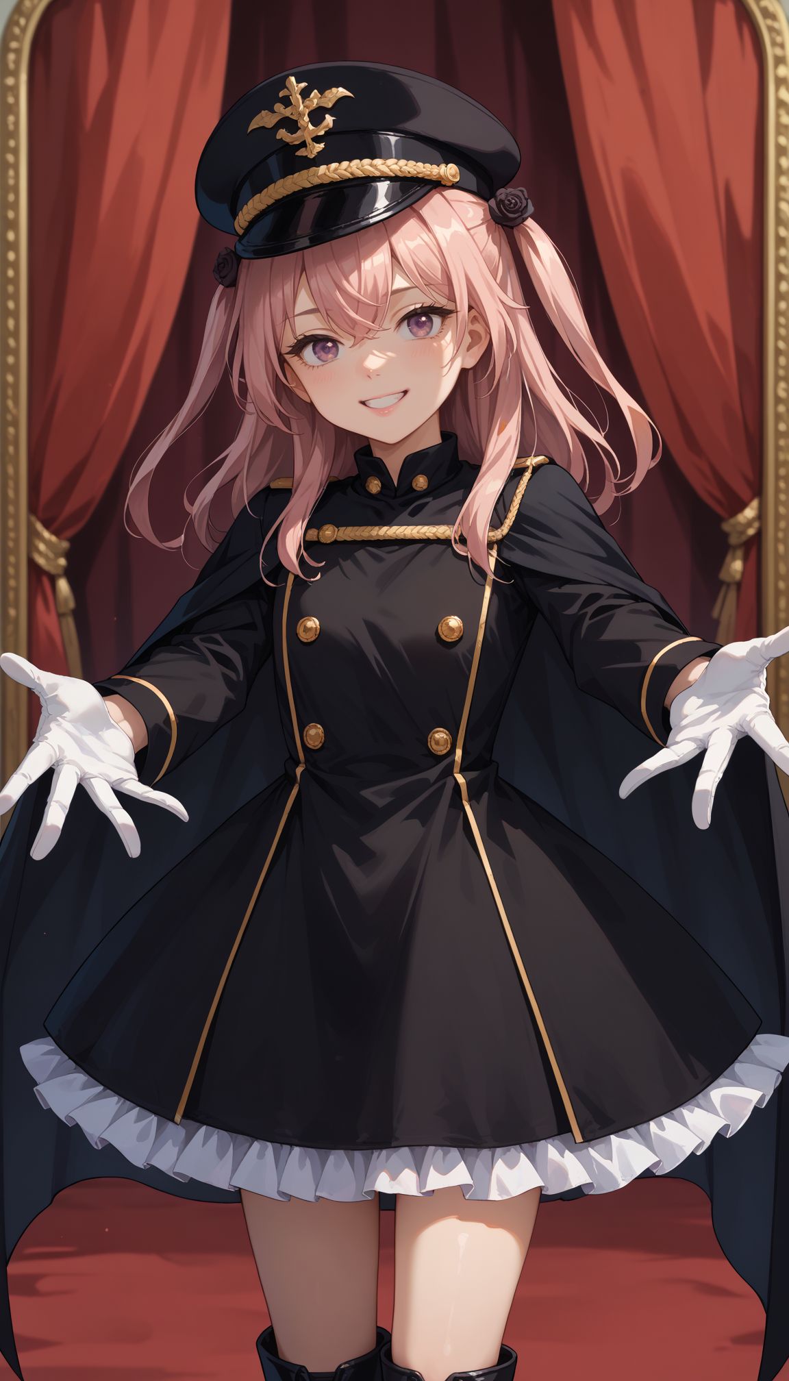 score_9, score_8_up, score_7_up, source_anime,  big smile, military headwear,
indoors,standing,outstretched_arms,:d,cowboy shot,,   <lora:Inui Sajuna :1> aasajuna,pink eyes,purple eyes,pink hair,long hair,two side up,hair between eyes,bangs,hair flower,black rose,black cape,dress,(black dress:1.4),long sleeves,(white gloves:1.1),(black skirt:1.4),frilled skirt,socks,black socks,boots,black footwear,