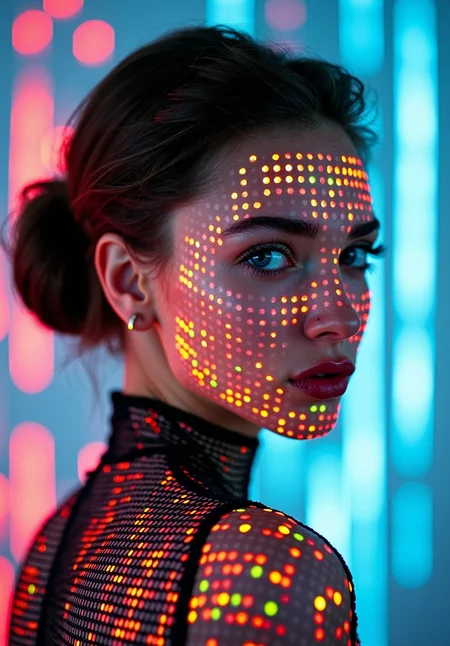 sony_a7III professional style photo, young woman, dark hair in sleek low bun, face and body covered in an intricate grid of glowing micro-LED diodes, vibrant colors including red orange yellow green blue white, forming a dense, pixelated digital pattern, high contrast, smooth fair skin, striking blue eyes, thick dark eyelashes, full glossy red lips, wearing a form-fitting black bodysuit, bodysuit seamlessly blending with glowing diodes, standing in dark room, illuminated by projected pixel matrix, reflections of LED lights creating a holographic effect, soft but intense ambient lighting,
