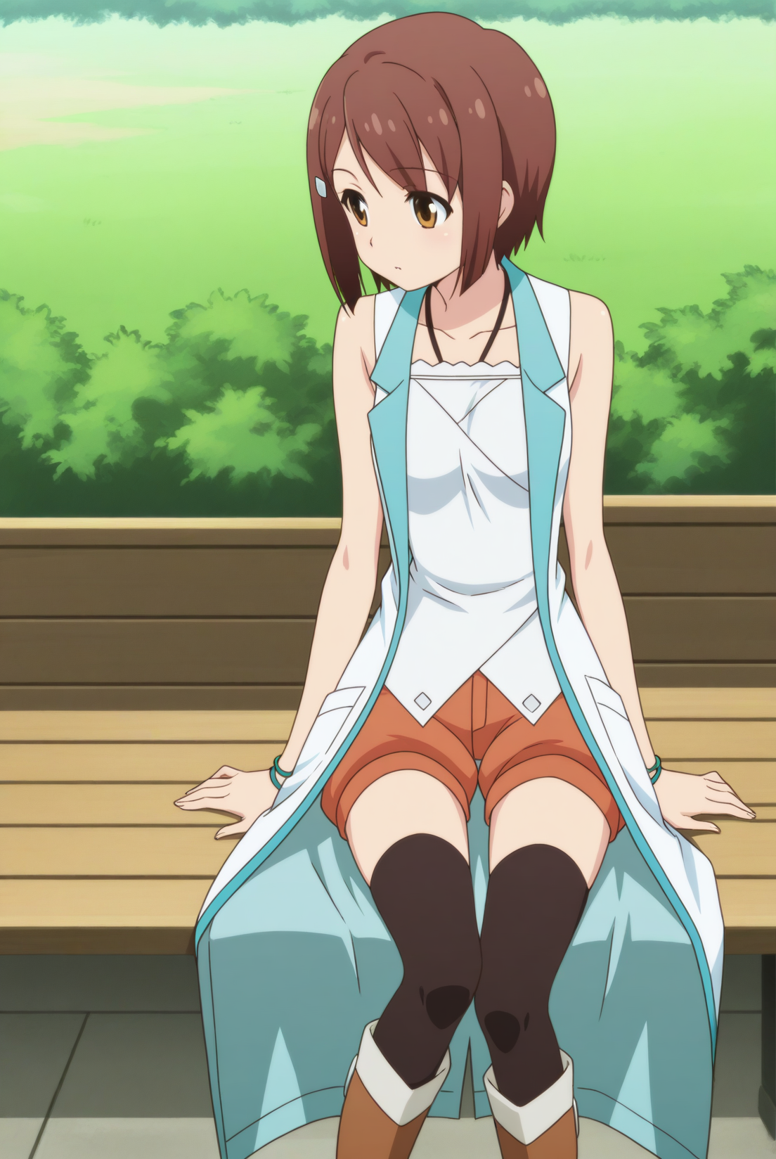 (sleeveless coat white shirt orange shorts black thighhighs brown knee boots:1.50), 
pc-you, brown hair, brown eyes, hairclip, bracelet, 
medium breasts, 1girl, solo, skinny,
(masterpiece, best quality, absurdres, high quality, highres, anime, anime style), 
BREAK,
(lewd:1.10),
BREAK,
(outdoors:1.30),
BREAK,
(sitting:1.60),
BREAK,
(:1.40), 
<lora:mt-you-V01-illXL-000003:1.00>