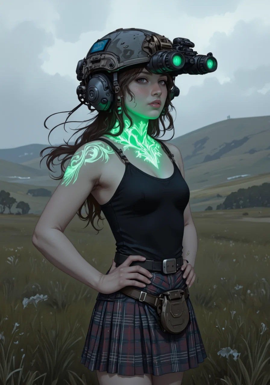 detailed digital art of upper body shot of young woman wearing n0ds on head attached to the front of the headpiece dual-tube horizontally aligned cylindrical lenses attached to the front in matching housing of the high tech military helmet with integrated hearing protection , A woman in a traditional Scottish kilt, standing on a misty moor. She wears a modern military helmet with a matte grey finish, the surface weathered and worn. The helmet is fitted with two night vision goggles—long black tubes with glowing green lenses—that sit above her eyeline, ready to be flipped down. The helmet’s communication device is integrated into the sides, with small, durable wires that trail down to her neck. She stands with her hands on her hips, the wind whipping her kilt around her legs. The moor stretches out around her, the rolling hills shrouded in mist. The green glow from the goggles contrasts with the grey tones of the landscape, adding a surreal, almost otherworldly element to the scene. Her expression is one of determination, as if she is preparing for a journey into the unknown., at night, luminescent green bio ink designs on her exposed skin on her neck and arms, (bio ink:0.85)<lora:n0ds_epoch_23.safetensors:1.0:1.0> <lora:BioInk2FLUX.safetensors:0.85:0.85>