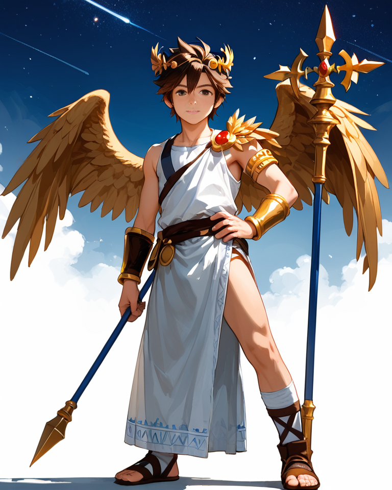 score_9, score_8_up, score_7_up, , <lora:Expressive_H:1>, /(full body/), cosplay,  male child, anime,
cowboy shot, (male focus), kid_icarus, icarus, white background, phone, brown eyes, upper body, black hair, v, wings, dark-skinned male, looking at viewer, drawing bow, smartphone, polearm, brown hair, sketch, hand on hip, holding, holding weapon, male child, night sky, <lora:Kid_Icarus:1>