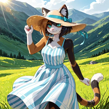 masterpiece, best quality, newest, absurdres, highres, furry, perfect anatomy, K4w4,1girl,solo,furry,furry female,cat girl,short hair,multicolored hair,cat ears,aqua eyes,slit pupils,snout,animal nose,whiskers,body fur,two-tone fur,cat tail,striped tail, hills, grass, sunny, windy, striped dress, black and white dress, white sun hat, sunshine, beautiful, looking off,