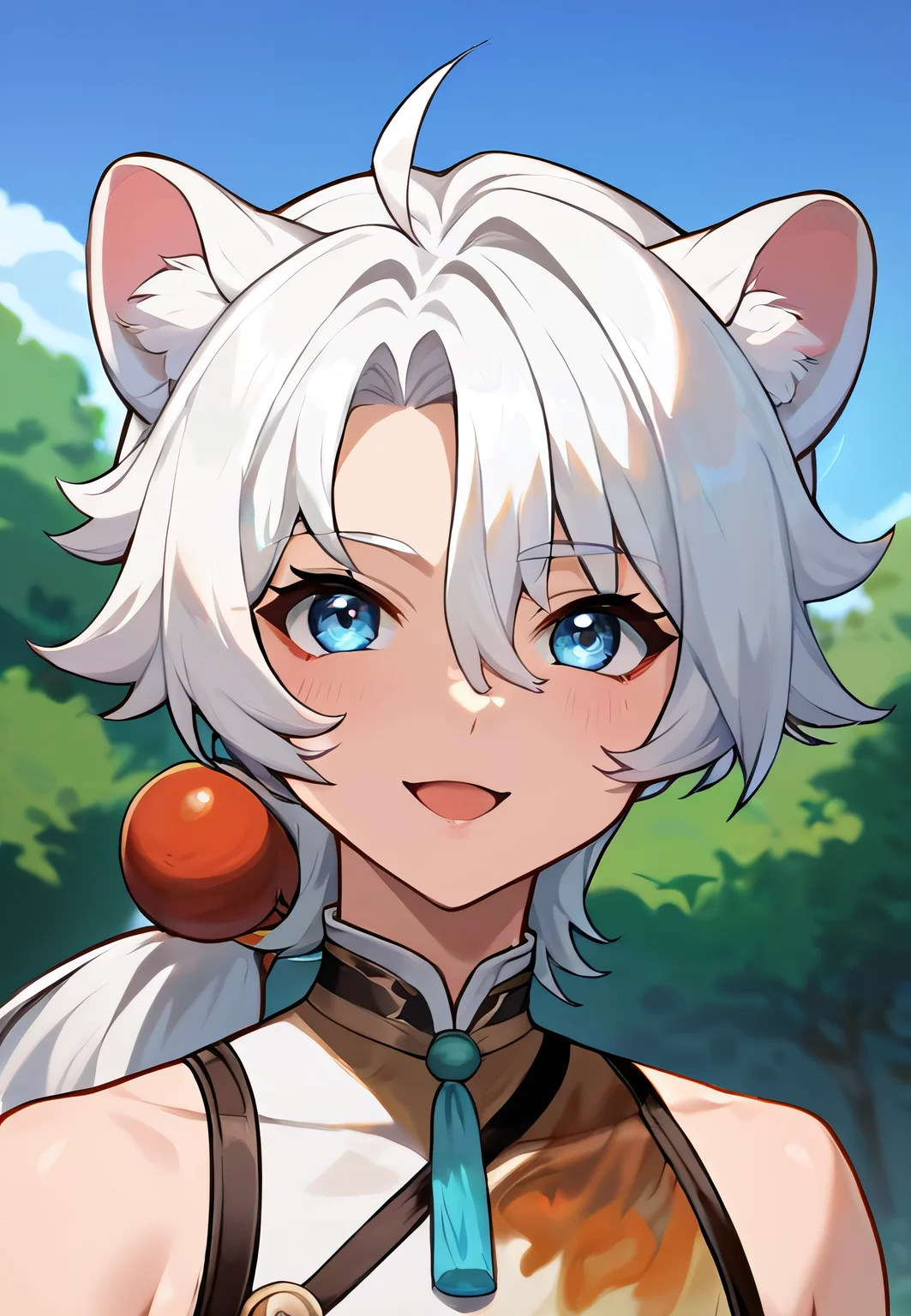 score_9, score_8_up, score_7_up, all in one, masterpiece, best quality, lots of details, (1boy:1.3), male focus, (narrow waist:1.5), <lora:sdxl_lightning_8step_lora:0.75> , closed mouth, shaded, detailed shading, detailed skin, shaded skin, realistic shading, looking at viewer, countershading:1.1, outdoors, <lora:add-detail-xl:0.7>, <lora:Smooth Anime 2 Style SDXL_LoRA_Pony Diffusion V6 XL:0.65>, , , , sloppy open mouth, cute smile, , hair between eyes, <lora:lingyang-08:0.55>, (lingyang:1.3), ponytail, blue eyes, tail, animal ears, (default outfit:1.3), (upper body:1.2),