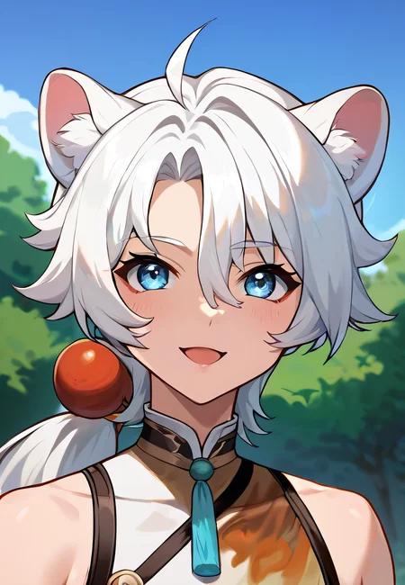 score_9, score_8_up, score_7_up, all in one, masterpiece, best quality, lots of details, (1boy:1.3), male focus, (narrow waist:1.5), <lora:sdxl_lightning_8step_lora:0.75> , closed mouth, shaded, detailed shading, detailed skin, shaded skin, realistic shading, looking at viewer, countershading:1.1, outdoors, <lora:add-detail-xl:0.7>, <lora:Smooth Anime 2 Style SDXL_LoRA_Pony Diffusion V6 XL:0.65>, , , , sloppy open mouth, cute smile, , hair between eyes, <lora:lingyang-08:0.55>, (lingyang:1.3), ponytail, blue eyes, tail, animal ears, (default outfit:1.3), (upper body:1.2),