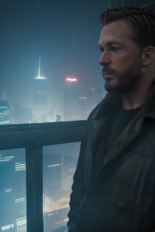 moviestill, a closeup portrait of a beared man, outdoor, city view, night