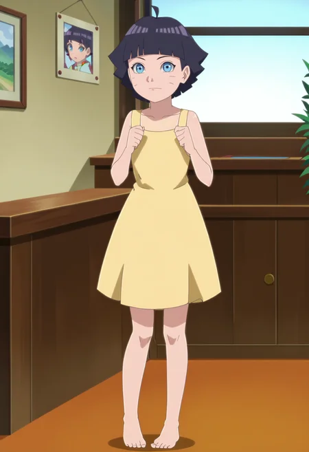 score_9, score_8_up, score_7_up, source_anime,anime screencap,anime coloring,intricate details,masterpiece,
uncensored,
himawari, 1girl, solo, bangs, blunt bangs, facial mark, ahoge,  whisker markings, short hair, black hair,purple hair, blue eyes, 
looking at viewer, wide-eyed, :O, yellow dress,
indoors, barefoot, standing, 
solo,
scenery,
<lora:Himawari_by_Nyx:1>