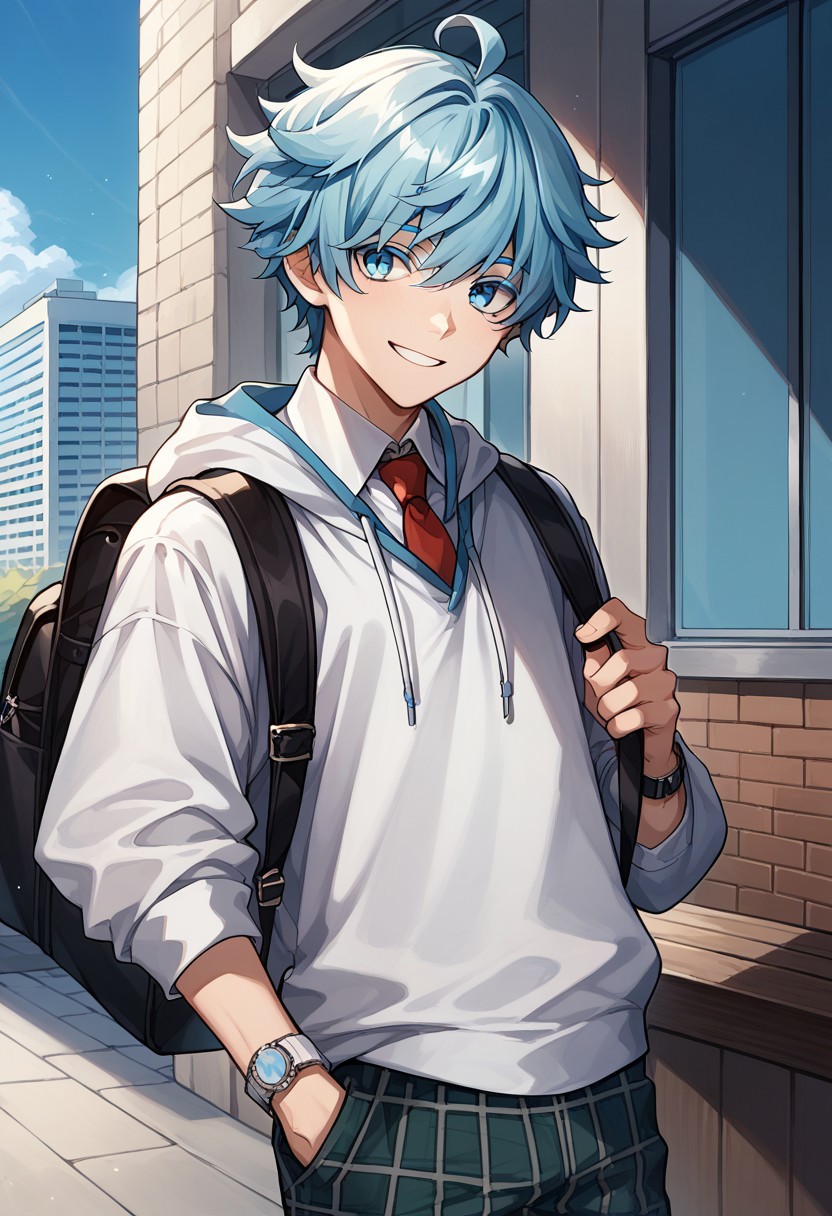 score_9, score_8_up, score_7_up, source_anime, highly detailed, 
Chongyun, 1boy, male focus, solo, light blue hair, short hair, hair between eyes, bangs, ahoge, blue eyes, hoodie, white hoodie, hood, shirt, white shirt, collared shirt, necktie, red necktie, watch, wristwatch, plaid, plaid pants, smile, green pants, bag, backpack,
outdoor, building, contemporary,