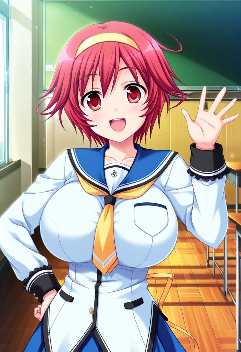 general,highres, ultra-detailed,very aesthetic,best quality ,best hands,best eyes,easynegative,
dynamic anglre, dutch angle, anime cloring,anime screencap,
1girl solo,looking at viewer,school, indoors, hand on hip,smile,open mouth, waving hand,
Nei Serizawa,red hair, short_hair, red eyes, huge_breasts, hairband, yellow band,school uniform,
