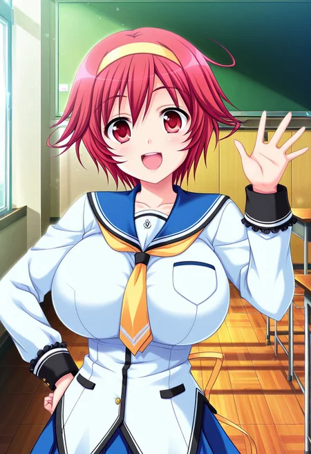 general,highres, ultra-detailed,very aesthetic,best quality ,best hands,best eyes,easynegative,
dynamic anglre, dutch angle, anime cloring,anime screencap,
1girl solo,looking at viewer,school, indoors, hand on hip,smile,open mouth, waving hand,
Nei Serizawa,red hair, short_hair, red eyes, huge_breasts, hairband, yellow band,school uniform,