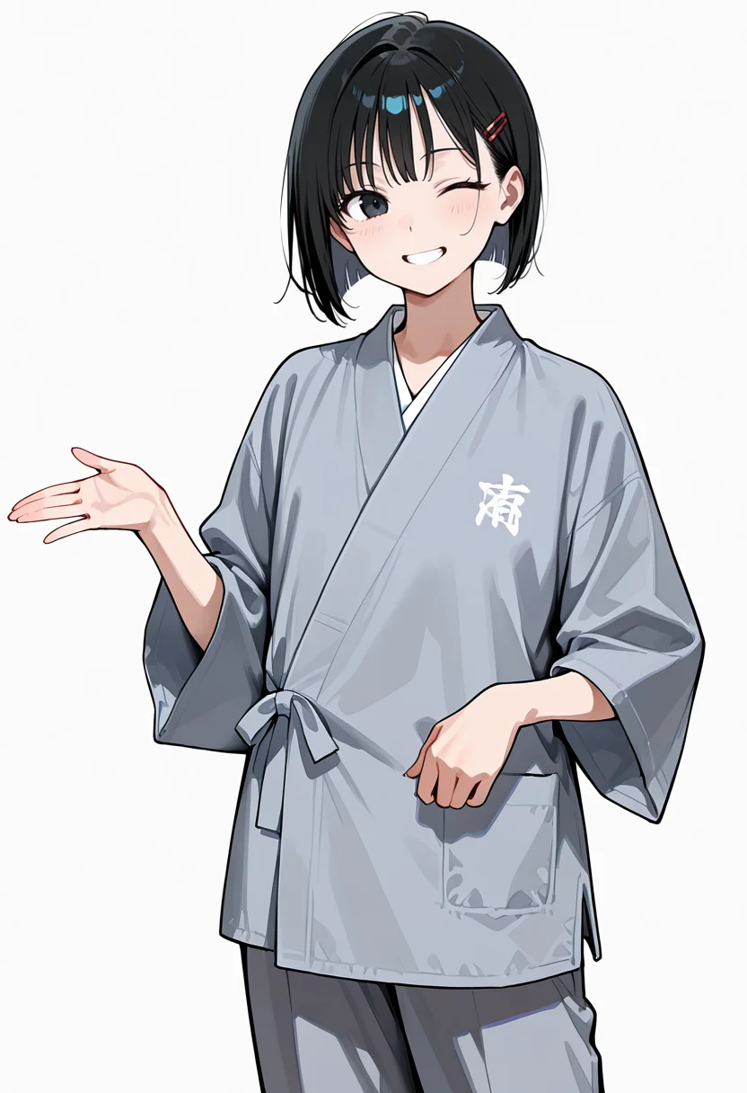 best quality, amazing quality, simple background,((outlined outlined vector graphics)), simple background, white background,
1girl, 20yo, black hair, black eyes, short bob hair, hair pin,small breast, slender,
solo, female focus ,, looking at viewer ,smile,grin, wink , ,cowboy shot, cute face , samue , grey clothes , pants <lora:samue-il-01:0.8>