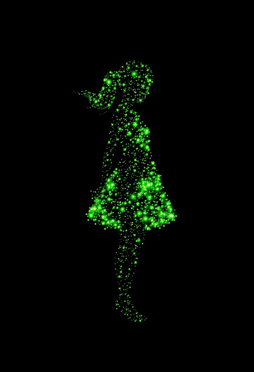 Minimalistic particle silhouette of a girl figure, composed of glowing green particles and digital noise. Simple and elegant, designed for icon-style usage. Soft glow dispersed light particles, subtle pixelation, and a smooth black background. High contrast, clean edges, and abstract form