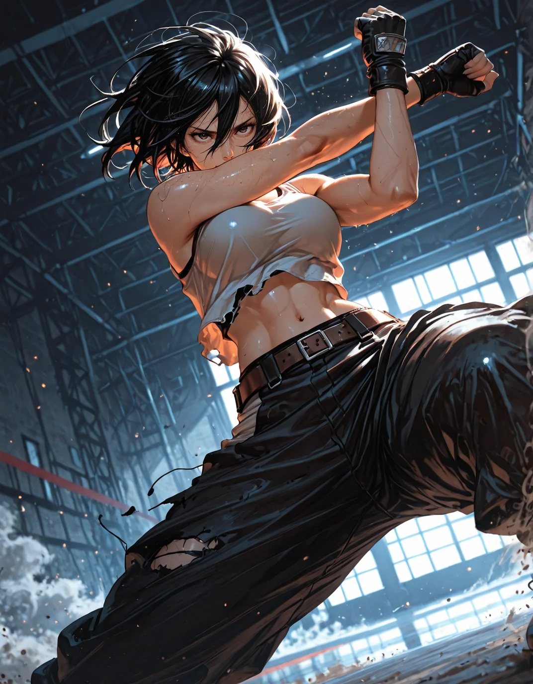 masterpiece, best quality,high quality, newest, highres,8K,HDR,absurdres, 1girl, mikasa ackerman, tank top, baggy pants, fingerless gloves, navel, pants, stretching, in a gym, sweaty, shiny skin, limited palette, intense expression, dynamic pose, dramatic lighting, strong depth of field, wind-blown hair, torn fabric, gritty realism, cinematic shot, dutch angle, foreshortening, blurred background, dust particles., detailed background, dynamic pose, dynamic composition,dutch angle, detailed backgroud,foreshortening,blurry edges <lora:iLLMythAn1m3Style:1> MythAn1m3