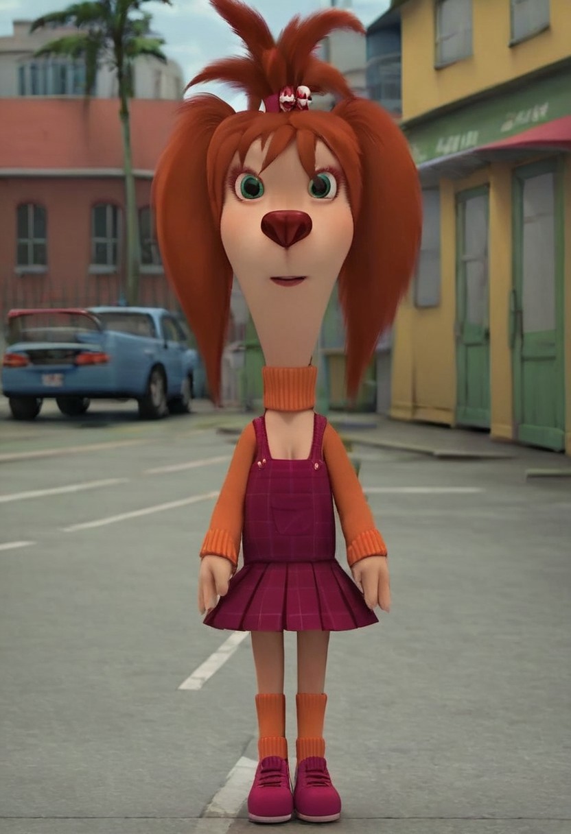 score_9, score_8_up, score_7_up, score_6_up, 1girl, solo,  skinny, Liza_Barboskina, dog anthro, female, small boobs, sport dress, long legs, no pants, beautiful legs, dog feet, cleavage, full body view, looking at viewer, seductive look, (russian city street background:1,4), sexy pose, neck, standing, front view